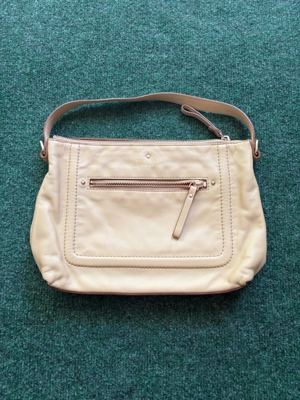 kate spade Beige Leather Shoulder Bag with Front Zip Pocket